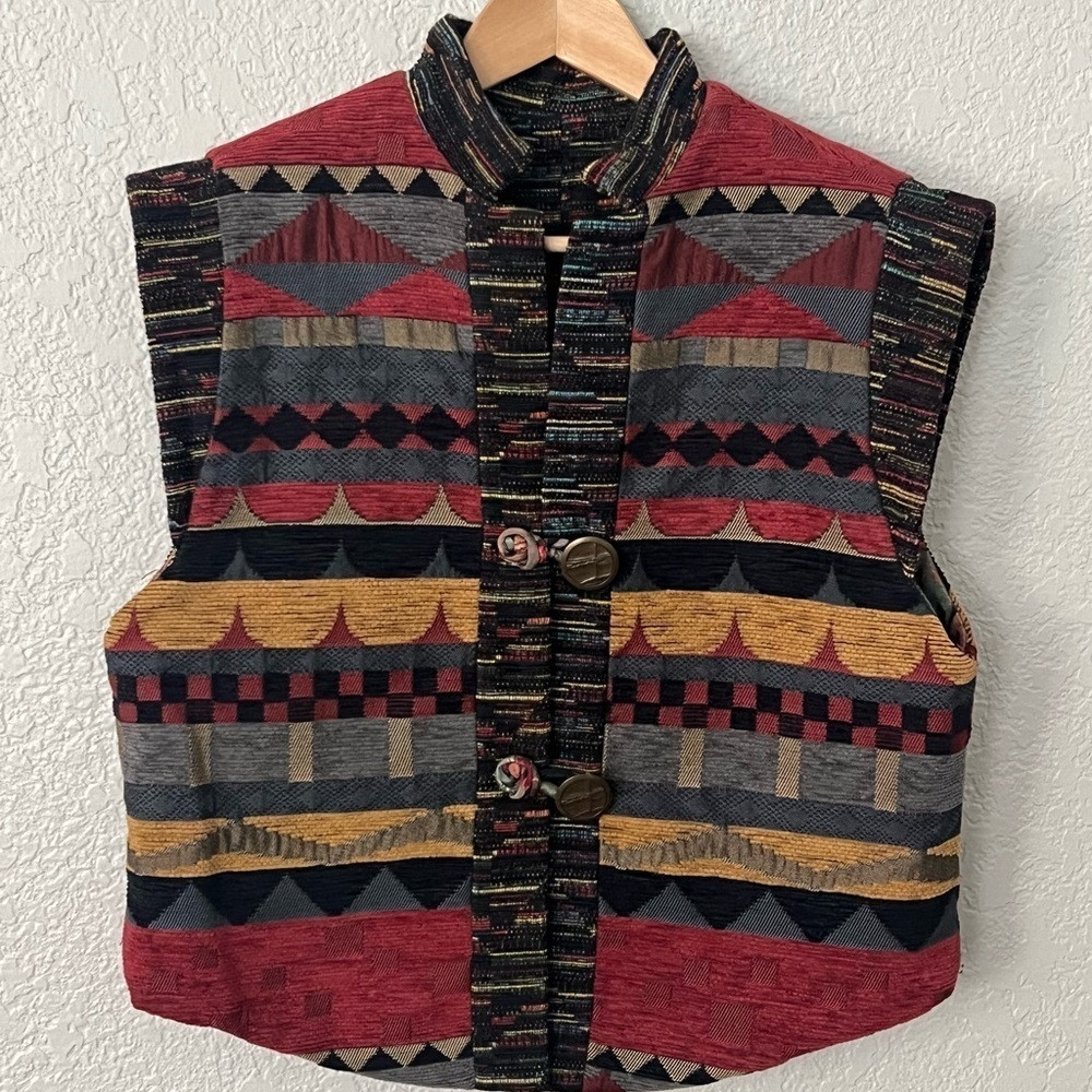 Vtg Tzeadle tapestry reversible Colorful Geometric Pattern jacket Vest size L